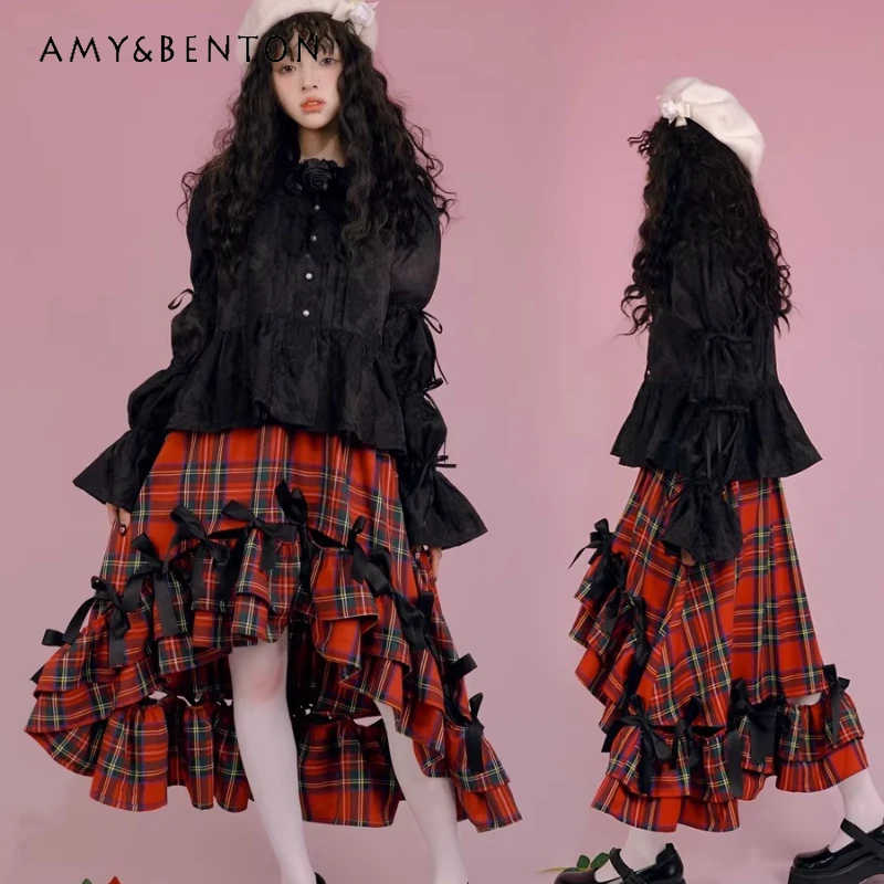 

Vintage Design Red Plaid Irregular Bow Elastic Women's Long Skirt 2026 Spring New Sweet Cute Hight Waist Versatile Skirts Ladies