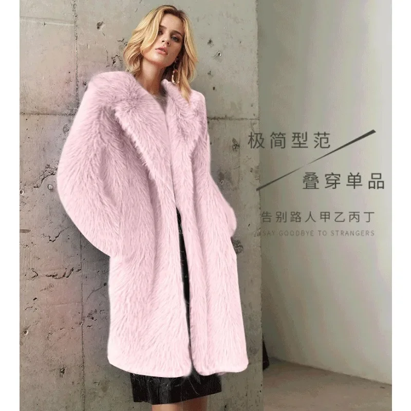 Autumn Winter Women Long Toga Faux Fur Suit Collar Fluffy Fur Jacket Chic Design Faux Fur Coat Long Sleeves Windproof Cardigan