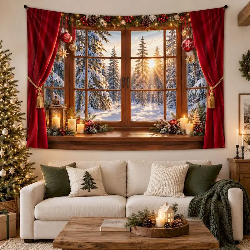 VIKAMA Santas Toy Shop Window Tapestry Wall Hanging, 6 Designs, Wall Decor for Bedroom Living Room Dorm