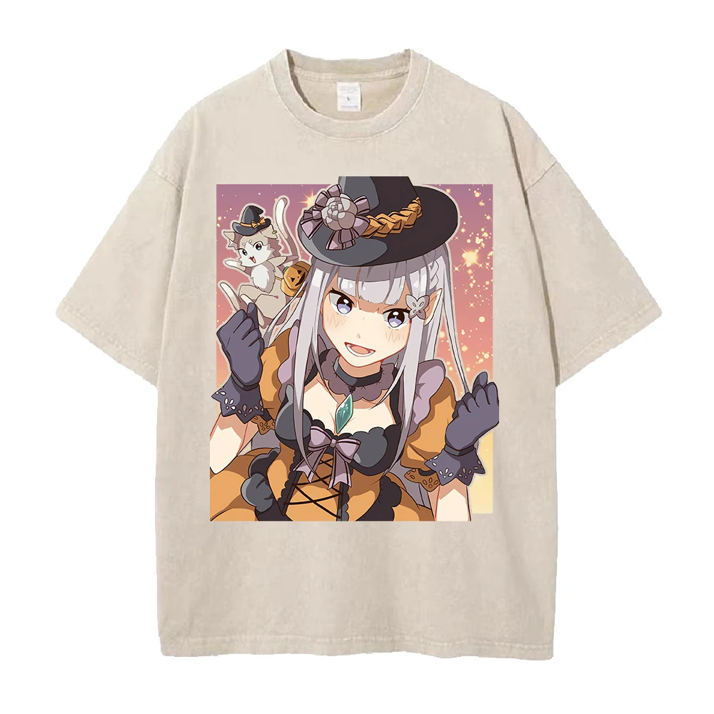 Anime Re:ZERO Emilia Halloween Kawaii Clothing Men Women Short Sleeve Tshirts Washed Cotton Tee Retro T-shirt Harajuku T Shirt