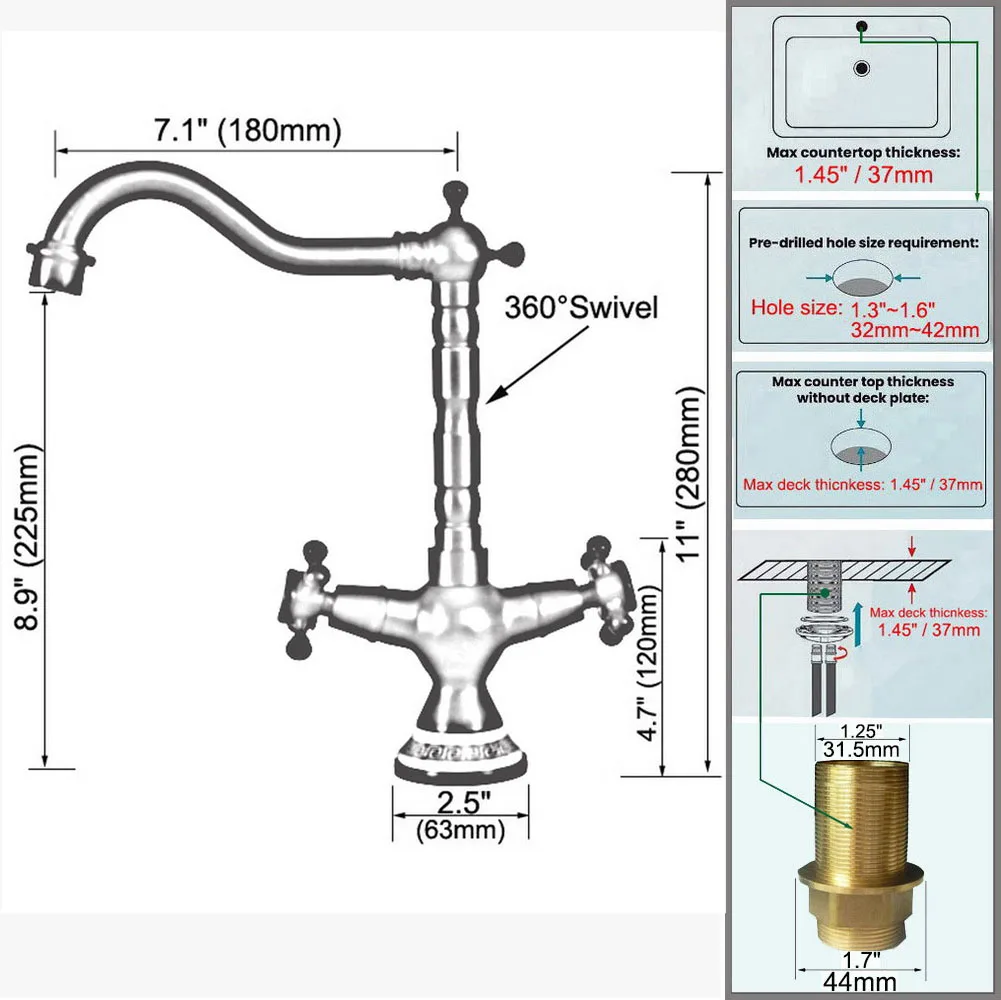 Antique Brass Dual Cross Handles Kitchen Wet Bar Bathroom Vessel Sink Faucet Single Hole Swivel Spout Mixer Tap anf603