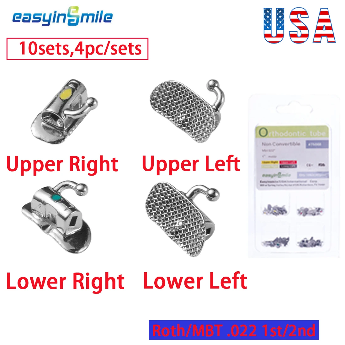 10 or 50Sets Dental Orthodontic Buccal Tubes Single 1st 2nd Molar Teeth Non-Convertible Bondable brackets Roth MBT 0.022 Dentist