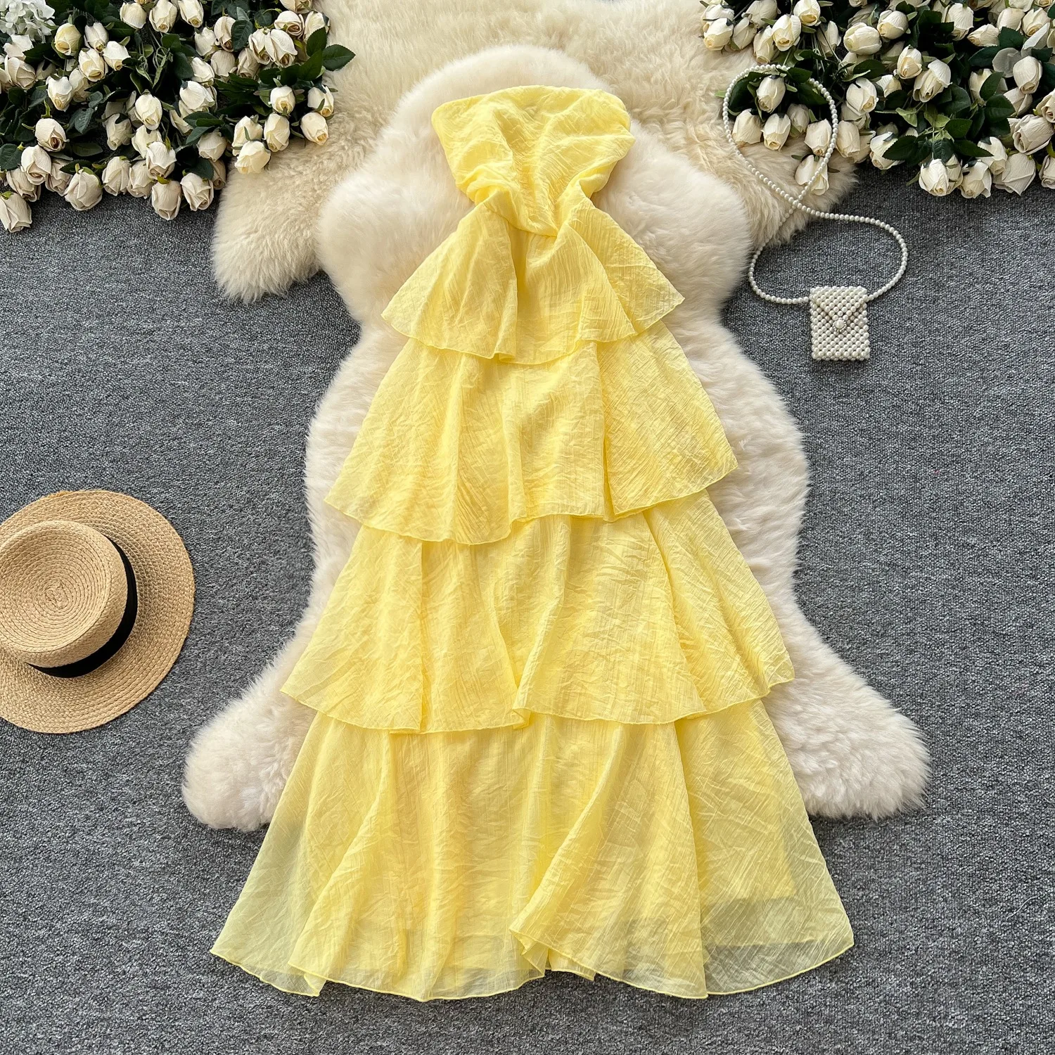 

Sleeveless Strapless Women Dress Summer French Style Waist Cinching Vacation Style, Long Dress, Fairy Cake Dress