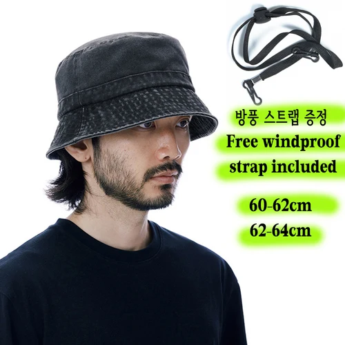 Imagen 2 del producto Sombrero de pescador de mezclilla lavada con correa a prueba de viento, gorra de pescador de cabeza grande para hombres y mujeres, ropa de calle coreana, sombrero de exterior de gran tamaño de 60 a 64cm