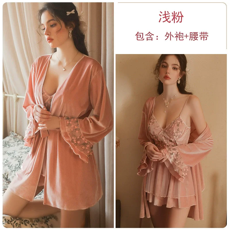 Weibliche Lange Twinset Robe Set Kimono Bademantel Kleid Sexy Spitze Chemise Nachtwäsche Nachthemd Frühling Sommer Neue Satin Hause Kleidung