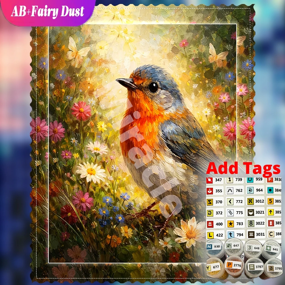 AB Fairy Dust Full Square Round Diamond Painting Wildlife robin bird flowers Mosaic Embroidery Gift