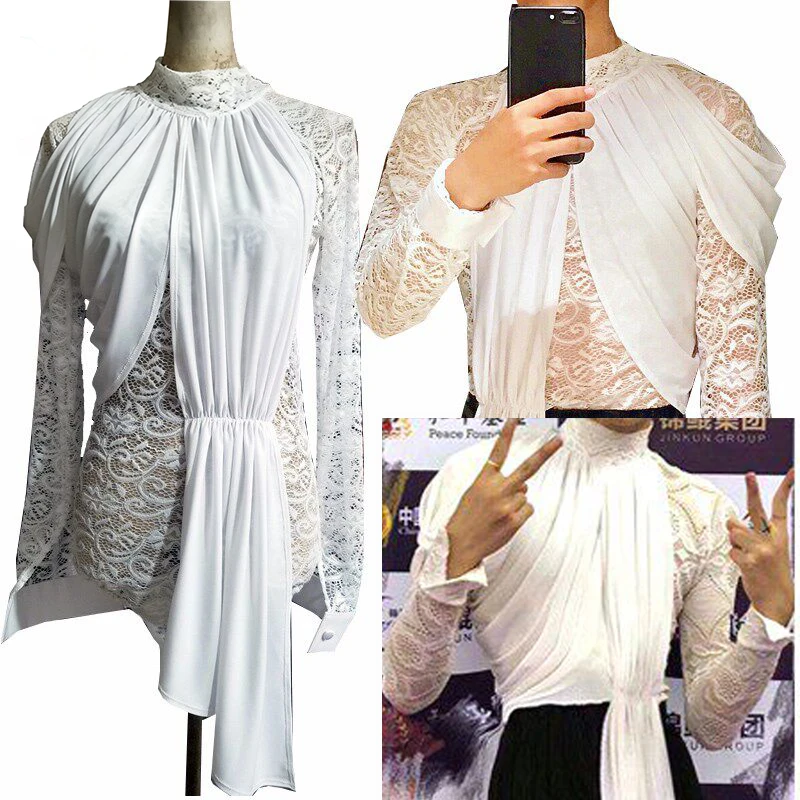 Latin Dance Performance Costume Man White Competition Outfit High Neck Draped Floral Lace Dance Leotard Male Practice Top 5826