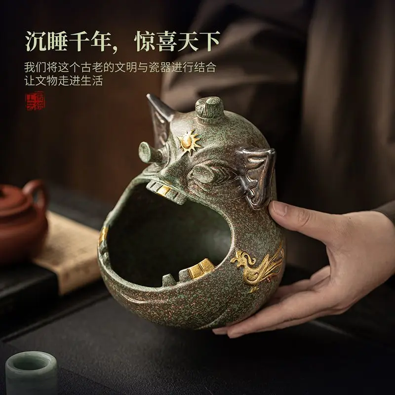 Premium Guochao Sanxingdui Ceramic Ashtray Large Capacity Home Office Coffee Table Creative Personalized Decor Ornament