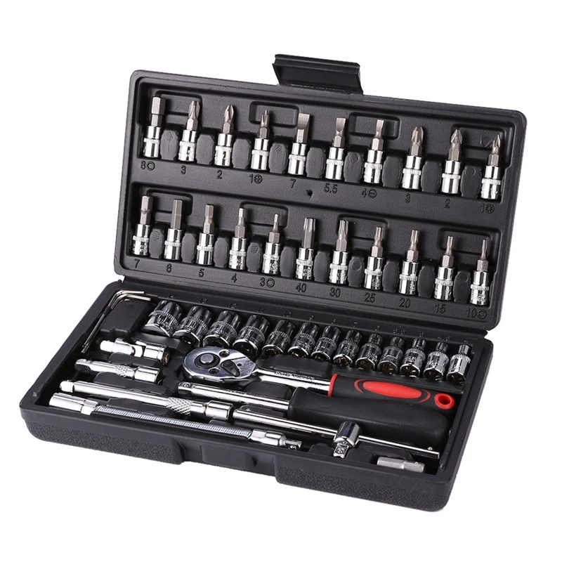 

NEW-46Pcs Socket Ratchet Car Repair Tool Wrench Set Head Ratchet Pawl Socket Spanner Screwdriver Bike Repair Tool Kit