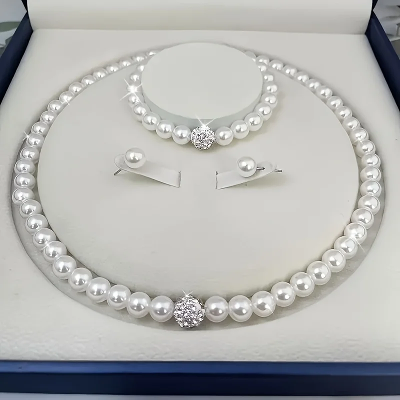 4Pcs Elegant Imitation Pearl Jewelry Set for Women Rhinestone Pearl Necklace Bracelet Earrings Kit Wedding Party Gift
