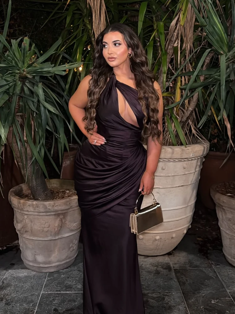 

Solid Ruched Elegant Satin Waist Cinching Maxi Dress Mermaid One-shoulder Cutout Slim Fit Flowy Vestidos 2026 Lady Evening Robe