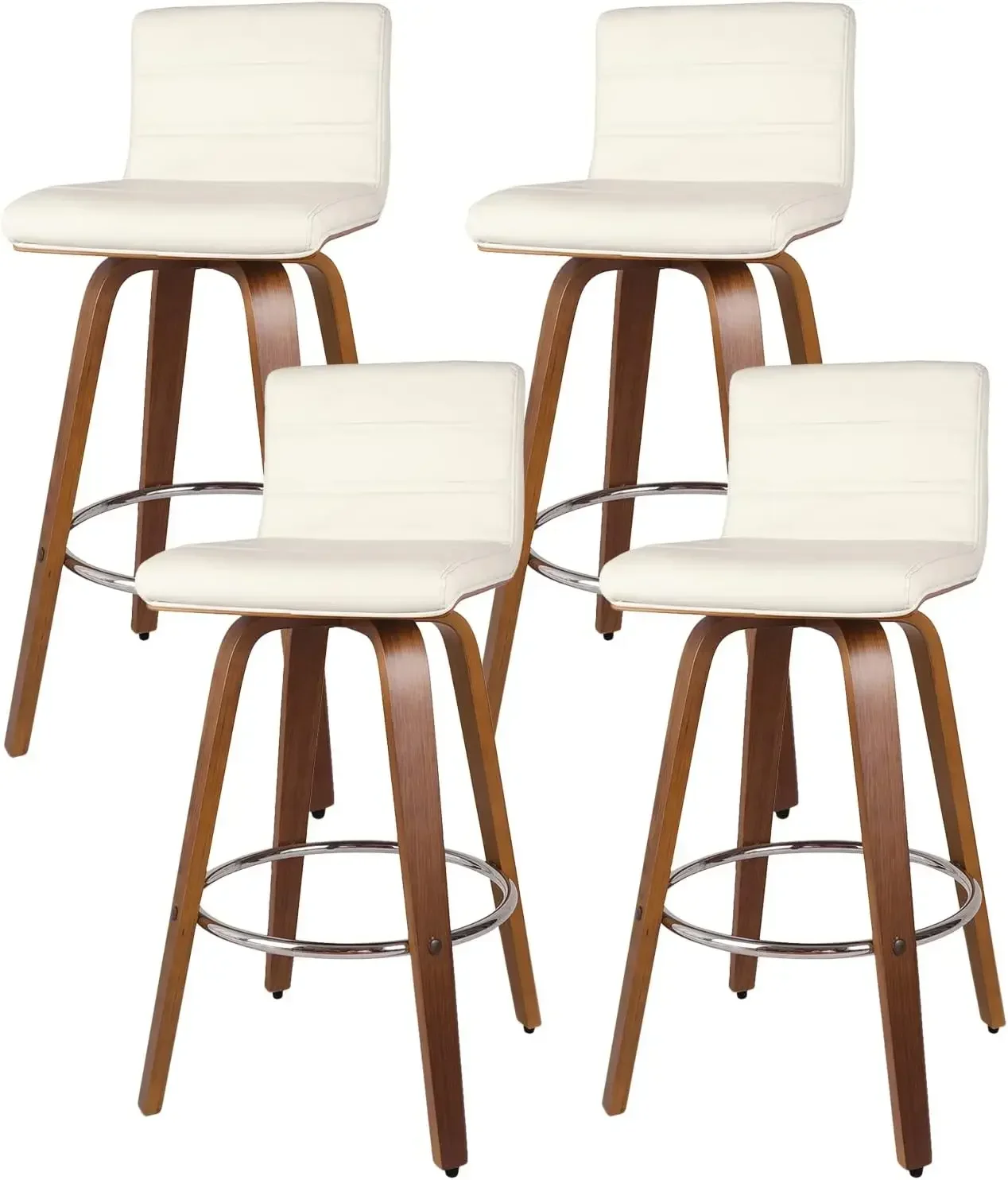 26 Inch Swivel Bar Stool with Back Set of 4, Mid-Century Modern PU Leather Upholstered Counter Height Stool Heavy Duty Bentwood