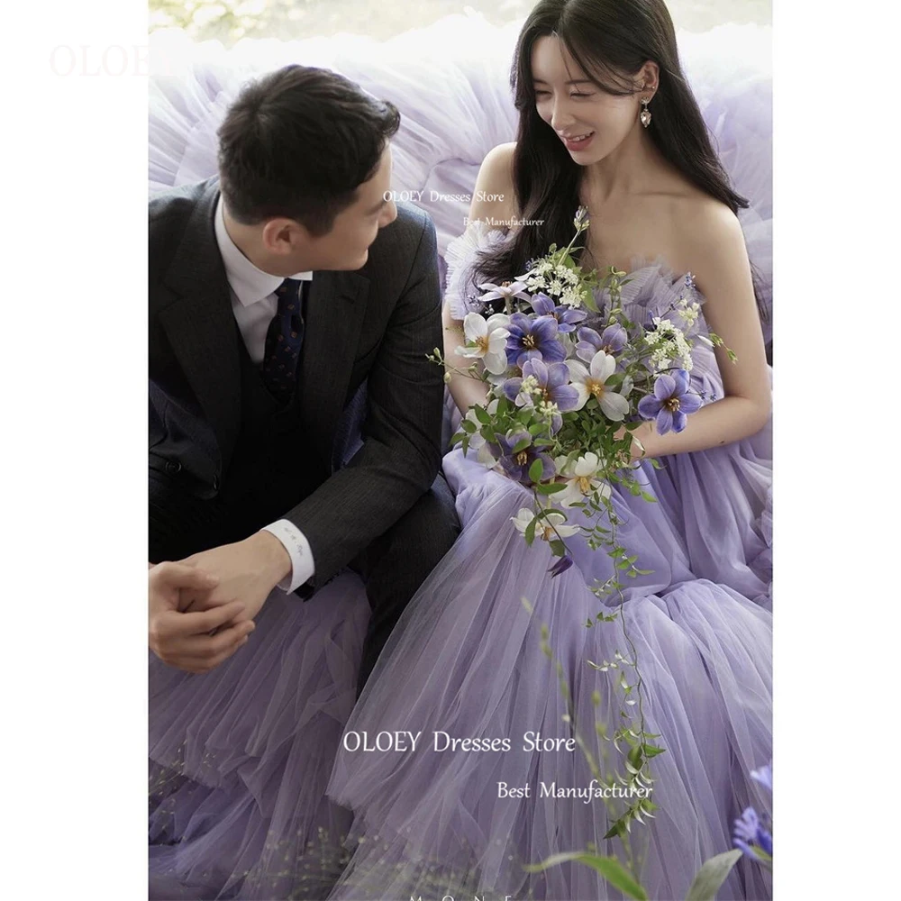 OLOEY Fairy Princess Tulle Lavender Wedding Dresses Strapless Tiered Long Train Korea Evening Prom Dresses Garden Bride Gowns