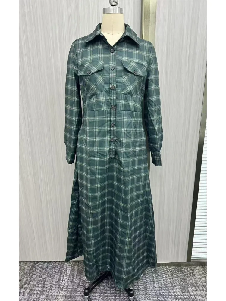 

Elegant Long-sleeved Lapel Single-breasted Dress For Women Spring Autumn Fashion Season Plaid Print Pocket Loose Casual Dresses