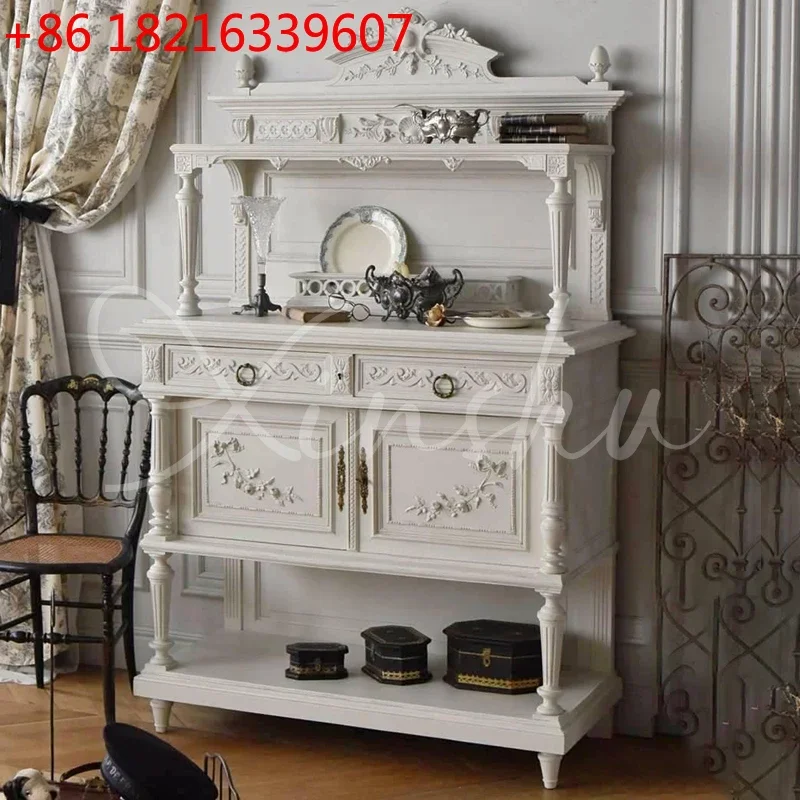 TAO French white retro sideboard small apartment solid wood carved shelf restaurant