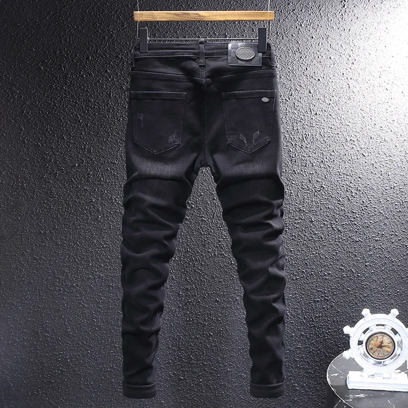 Men Black Jeans Italian Designer Letter Print Distressed Scratch Stretch Slim Skinny Hip‑Hop Denim Jeans hombre