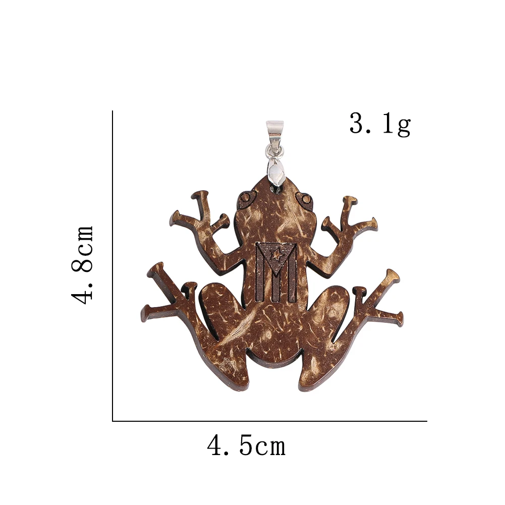 Ethnic Coconut Shell Frog Pendant Necklace Puerto Rico Tribal Flag Silver Plated Bail Black Cord Chain Jewelry Gift For Friends