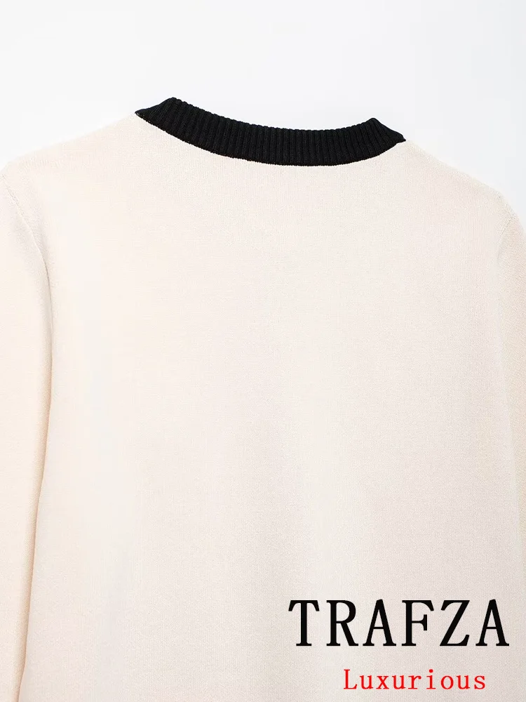 TRAFZA Vintage Casual Chic Women Sweater Patchwork O-Neck Long Sleeve Knitted Straight New Fashion 2024 Autumn Female Sweaters