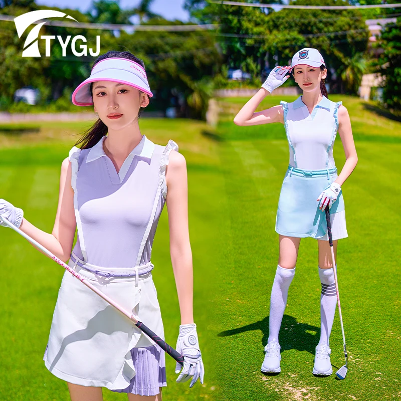 Ttygj Quick Dry Golf Polo T-Shirt Sleeveless Women Golf Tank Top Ruffle Fly Sleeve Tennis Stretchy Shirts V-neck Sports Clothing