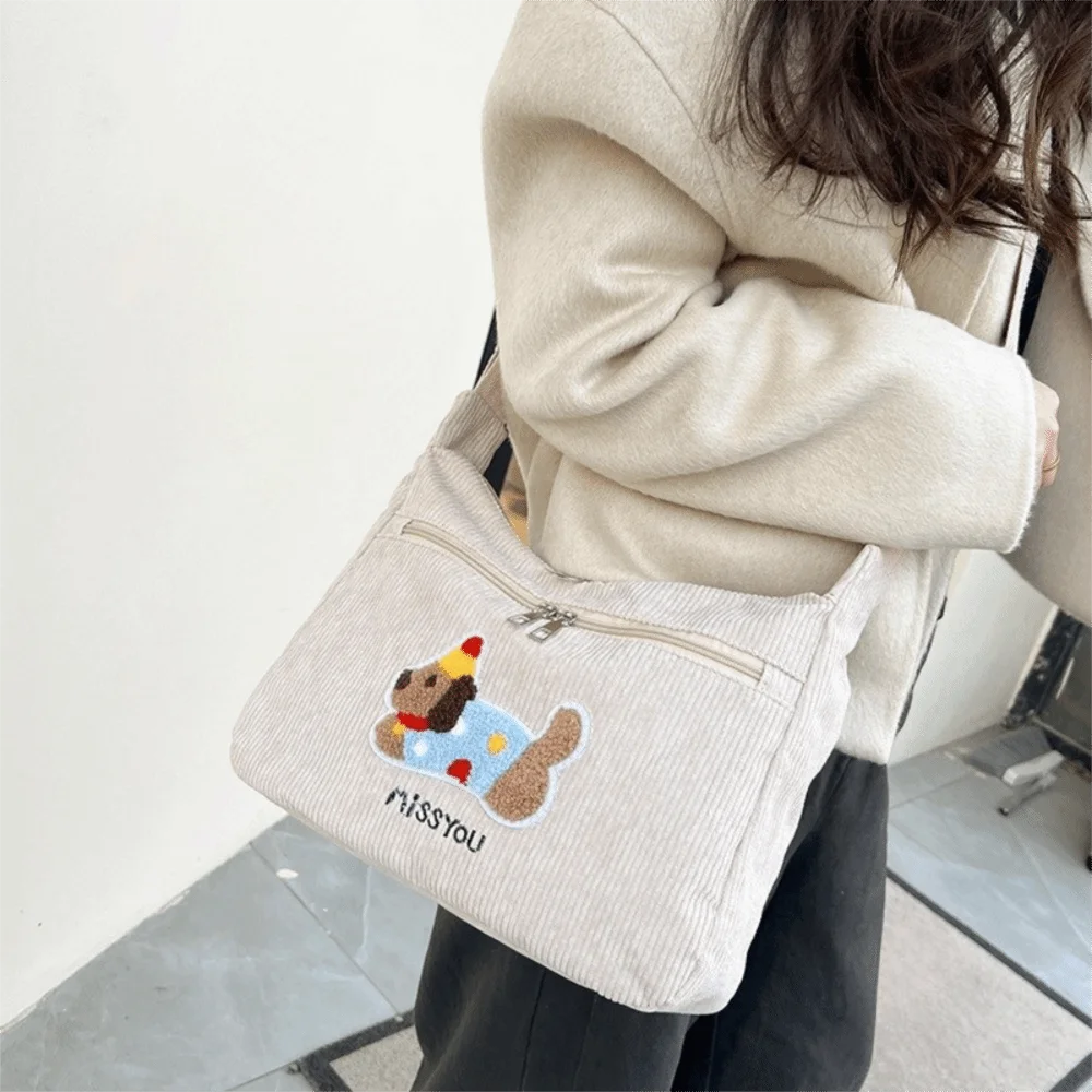 Cartoon Dachshund Shoulder Bag Solid Color Embroidery Corduroy Crossbody Bag Large Capacity Korean-Style Women Handbag Women