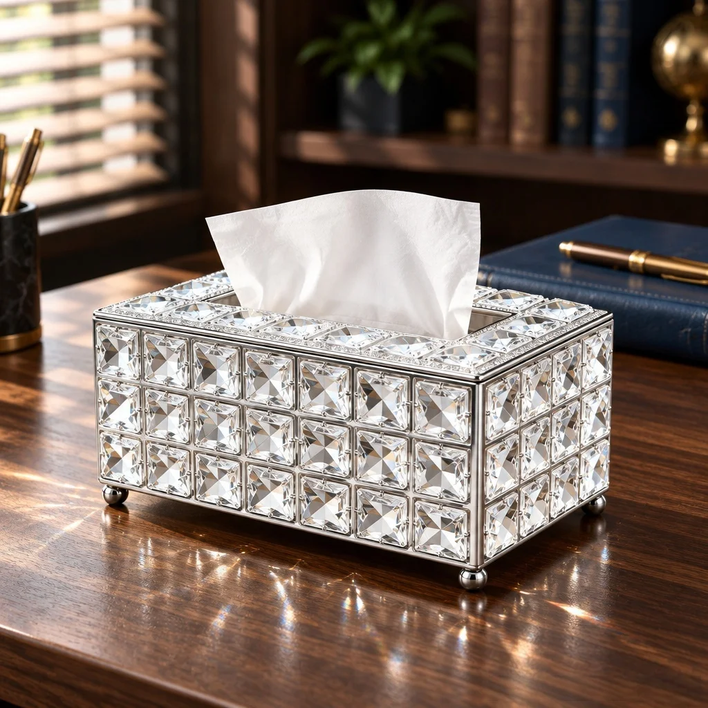 Luxury K9 Crystal Tissue Box Cover, Rectangle Magnetic Flip Lid Napkin Holder, Gold & Silver Option, Decorative Table Organizer