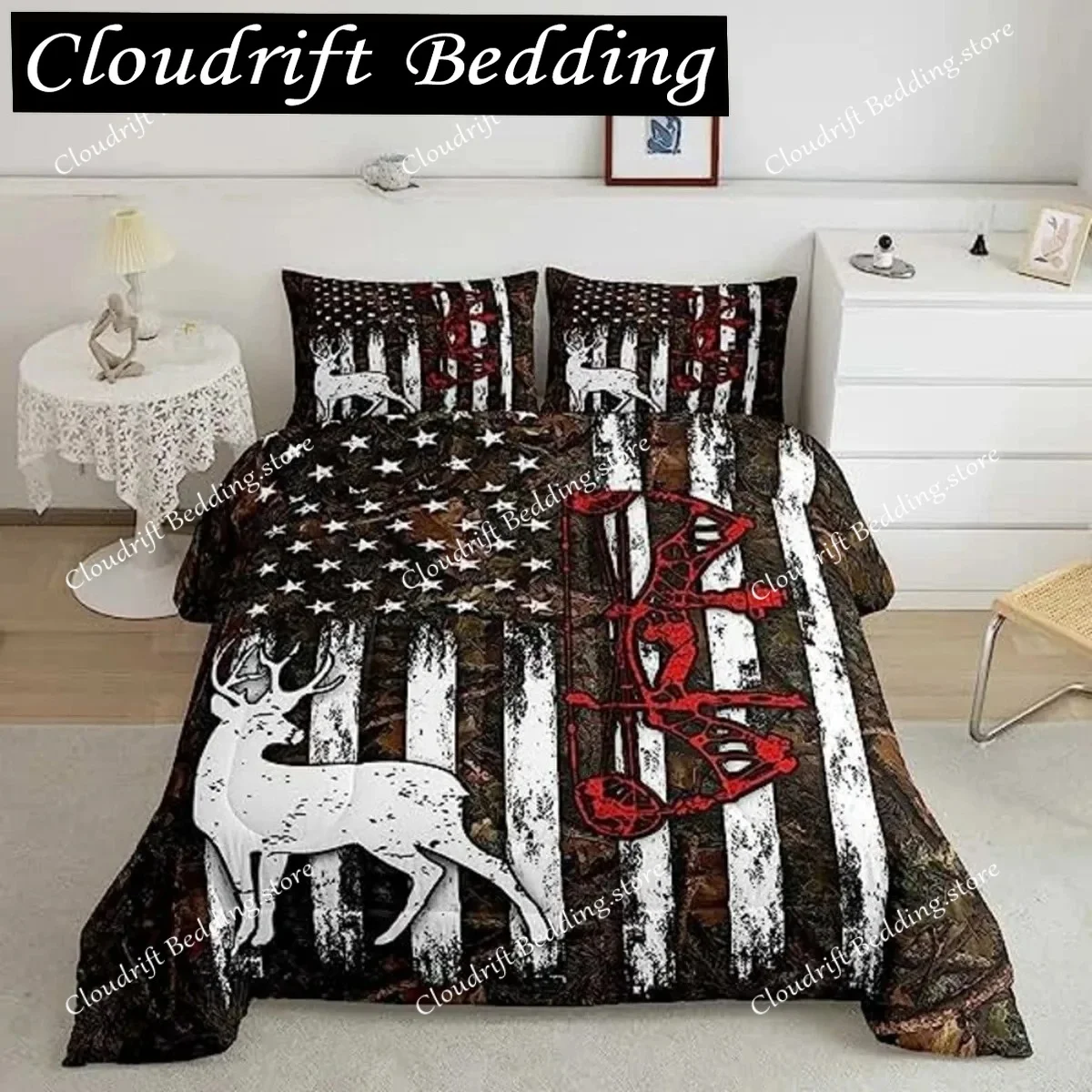 Deer Duvet Cover American Flag Elk Decor Bedding Set for Boys Teens Wild Animal Theme Comforter Cover Soft Polyester Quilt Cover