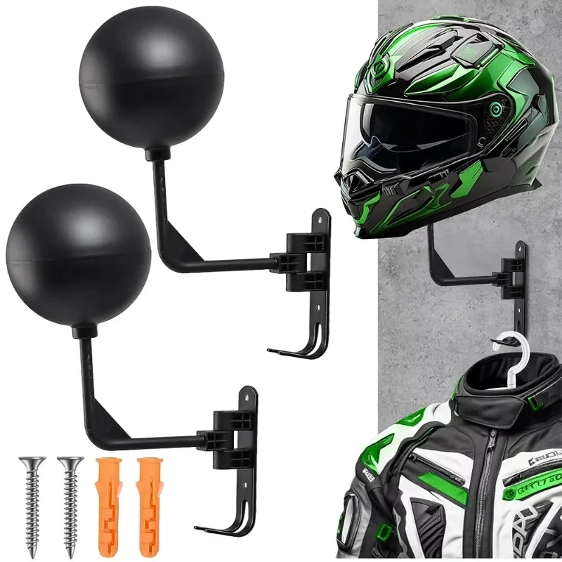 180° Rotation Motorcycle Helmet Rack Wall Mount with Hooks Metal Bicycle Helmet Display Hanger Stand for Coats Caps Rugby Helmet