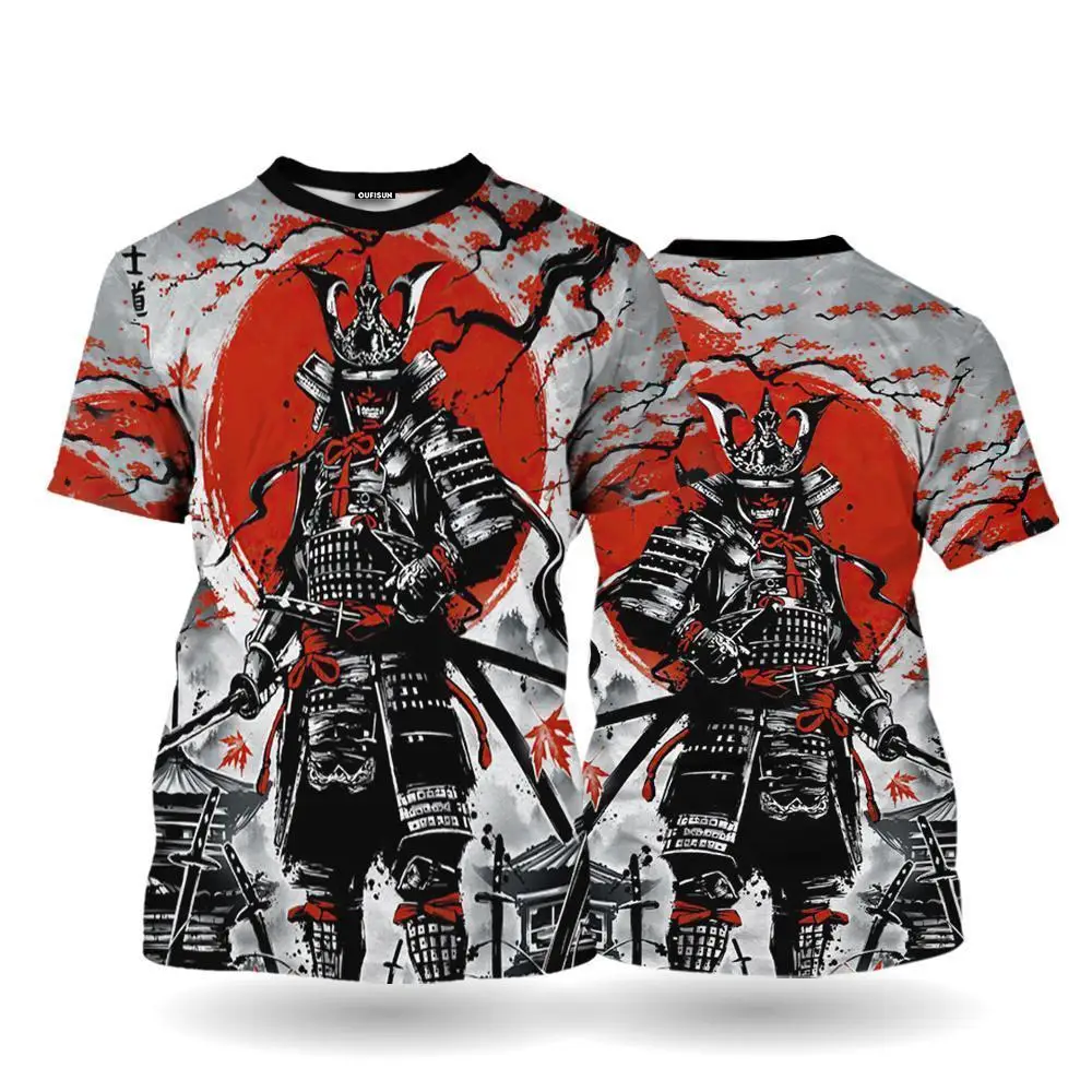 Men\'s T-Shirts Casual Short Sleeve Tops Japanese Oni Samurai Graphic Clothing Oversized Summer Apparel Male T-Shirts Streetwear