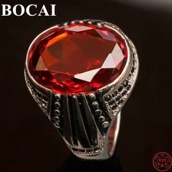 BOCAI S925 Sterling Silver Charm Rings New Fashion Garnet Inlaid Zircon 100% Real Pure Argentum Gem Jewelry for Men