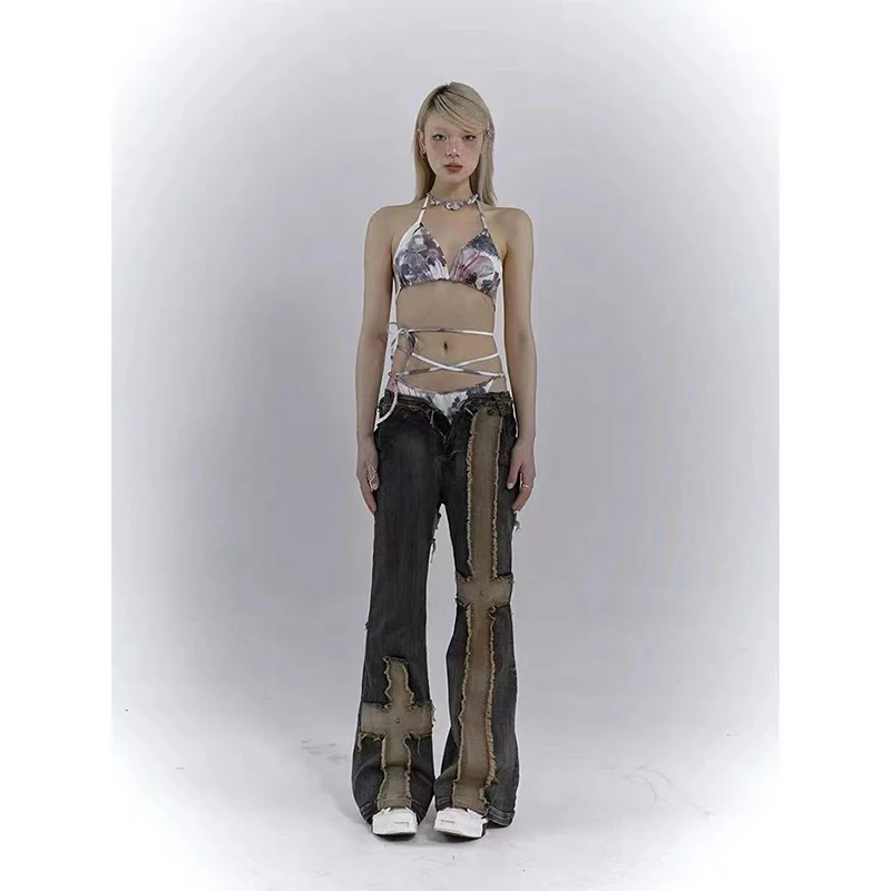 Y2K مضيئة الجينز النساء خمر الجرونج الصليب المرقعة واسعة الساق الدنيم السراويل Harajuku الشارع الشهير القوطية منخفضة الخصر غسلها بنطلون