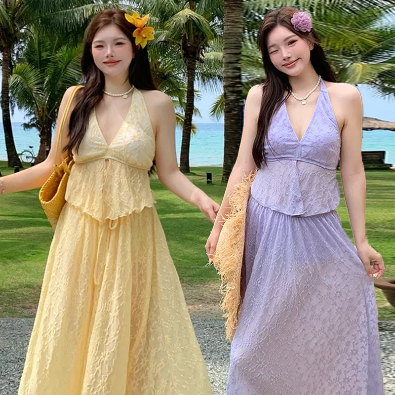 sexy oversize halter vest bikinis sets 3pcs with long skirt sweet yellow purple swimsuits swimwear bathing suits biquini tankini