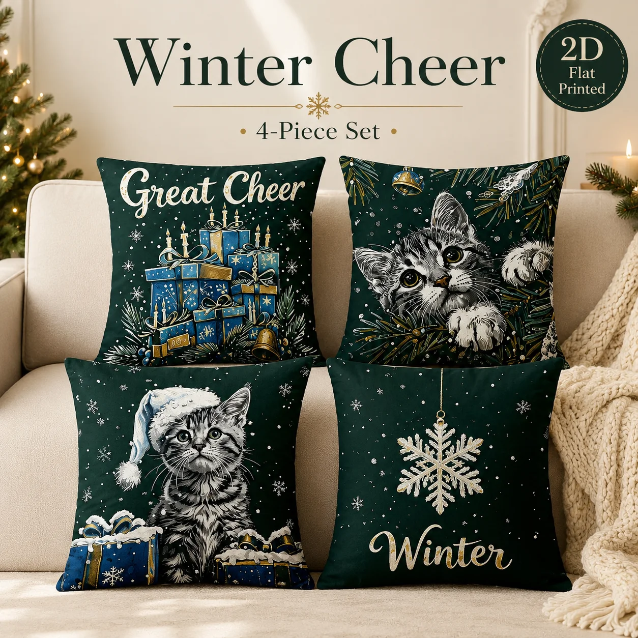 

2D Flat Printed Xmas Kitten Peach Skin Cushion Covers 4Pcs Cute Cat Coussin Couch Living Room Decor Pillowcases