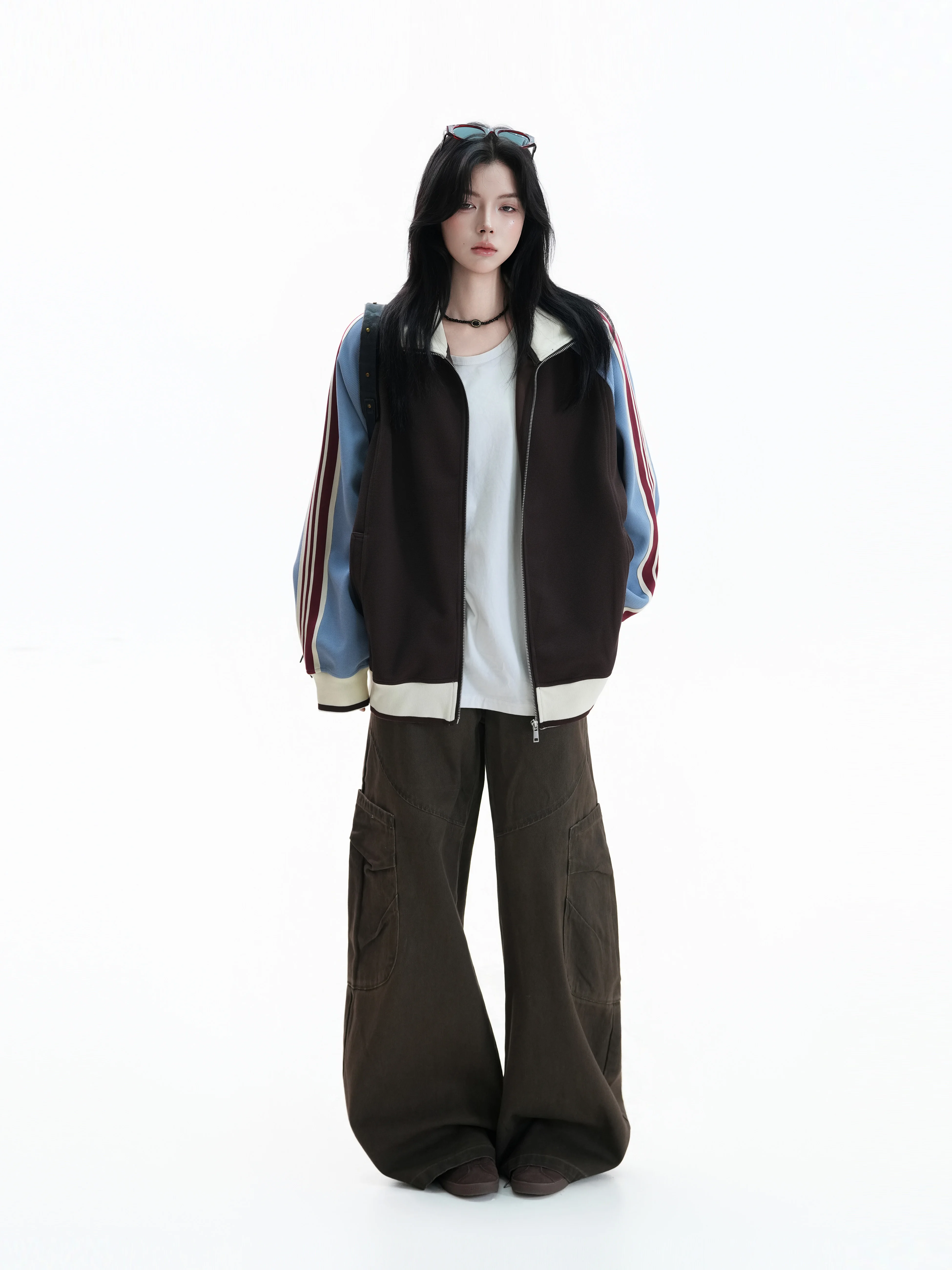 Early Autumn Sporty Color Block Waffle Pattern Open Cardigan Sweatshirt Women's Loose Outerwear Casual Loose Fit Zipper