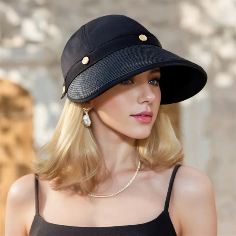 chapeu-de-sol-feminino-elegante-de-aba-larga-preto-com-detalhes-de-botao-dourado-protecao-para-viagens-ao-ar-livre-e-praia