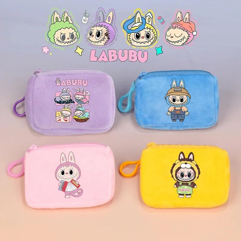 Labubu Plush Coin Purse Women Mini Square Change Pouch Wallet Headphone Bag Key Holder Portable Print Cute Cartoon Pendant Gift