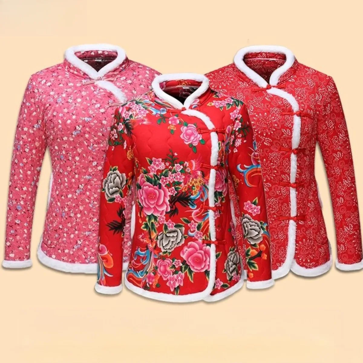 Chinese New Year Women Plus Size Chinese Style Frog Button Silk Wadding Winter Coat | Loose Fit Home Wear & Outerwear Floral