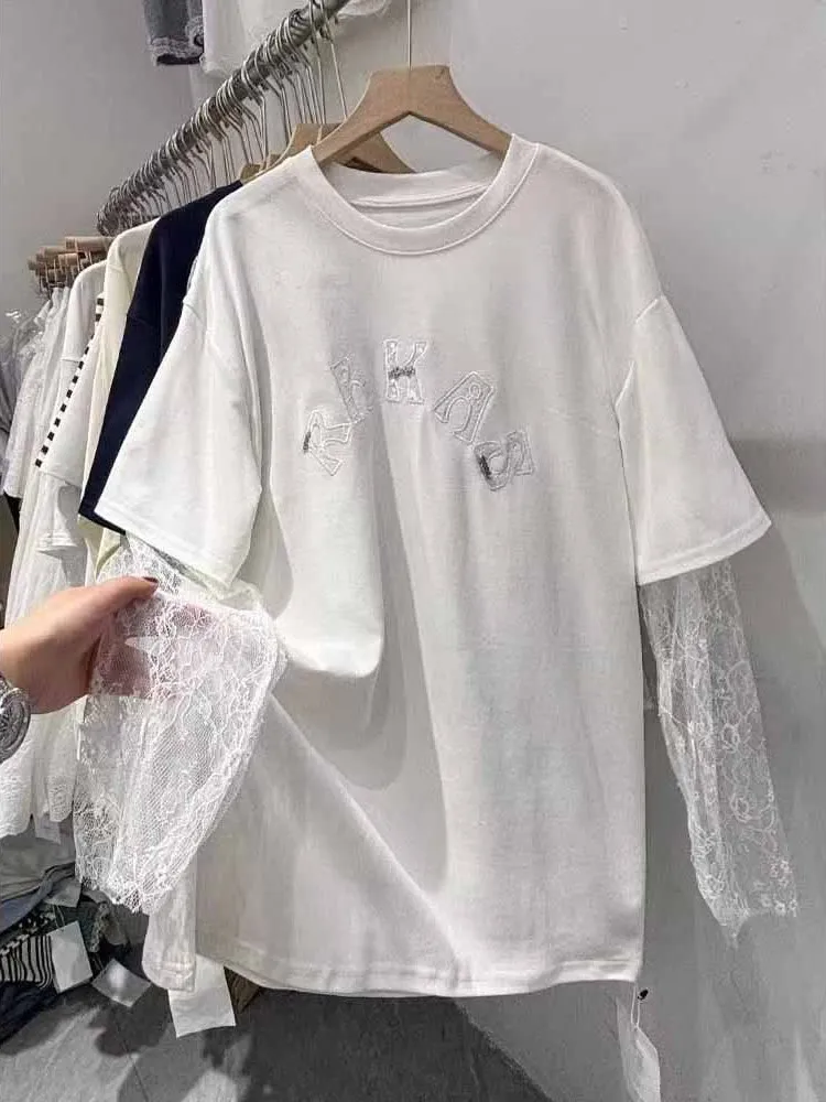 특대 사이즈 300 포 유럽 스타일 자수 레이스 패치워크 롱 슬리브 티셔츠 여성용 봄 여름 슬림핏 탑