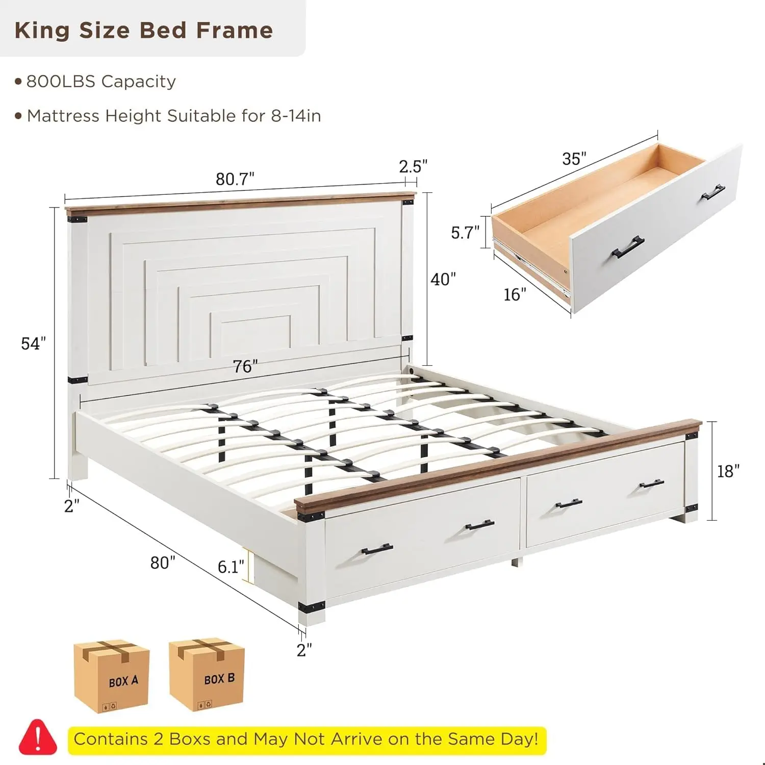 Cadre de lit King de ferme, planche de sauna géométrique, lit à plateforme en bois rustique, 2 égouts de proximité de stockage, sans ressort de boîte, 54 po de haut