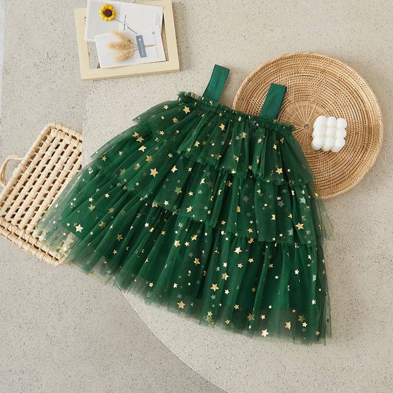 Suefunskry Little Girl Christmas Dress Star Print Square Neck Sleeveless Layered Tulle Slip Dress with Plush Ball Christmas Hat