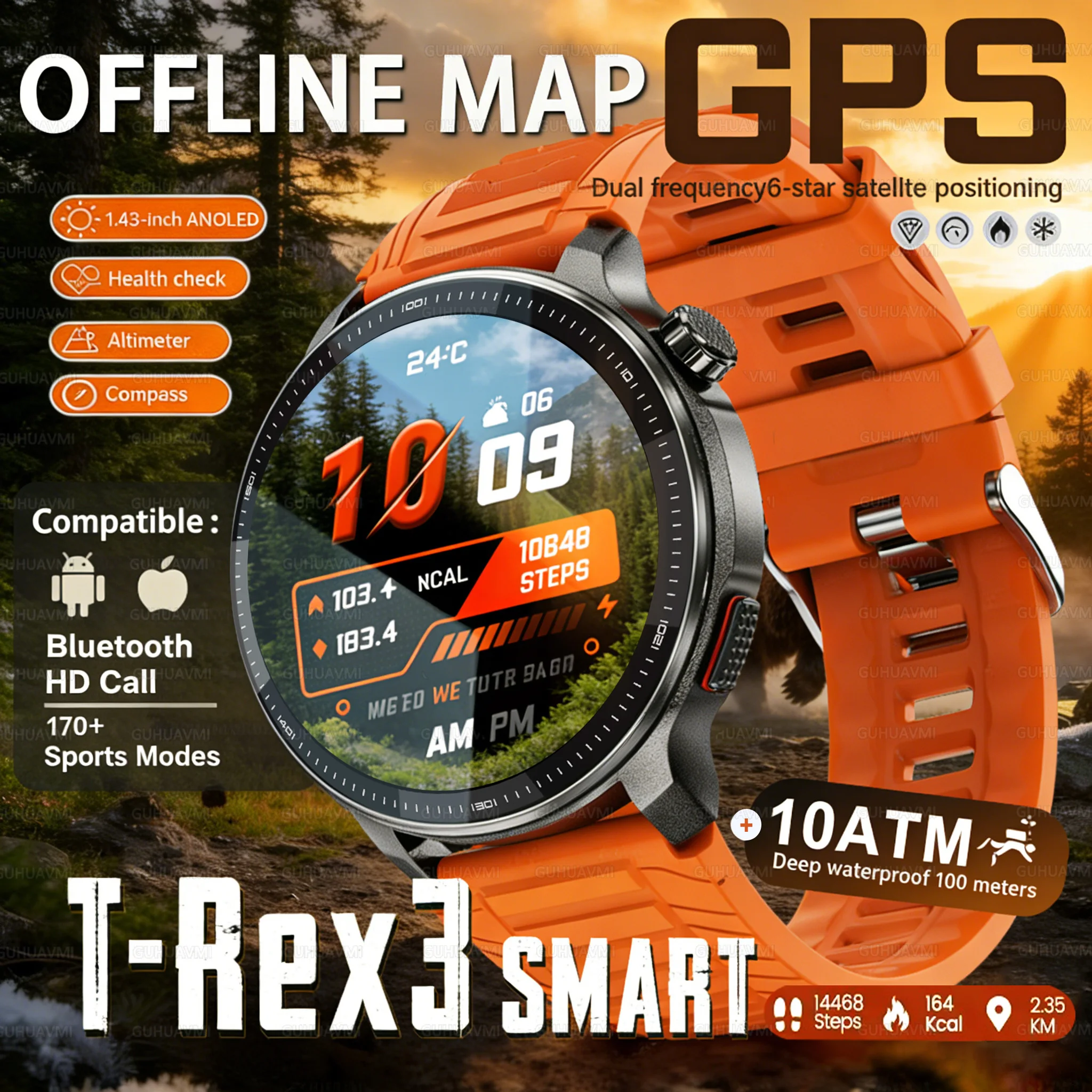 2026 HOT Military Sports Smart Built in GPS Offline Map outdoor Watches Compass 1.43