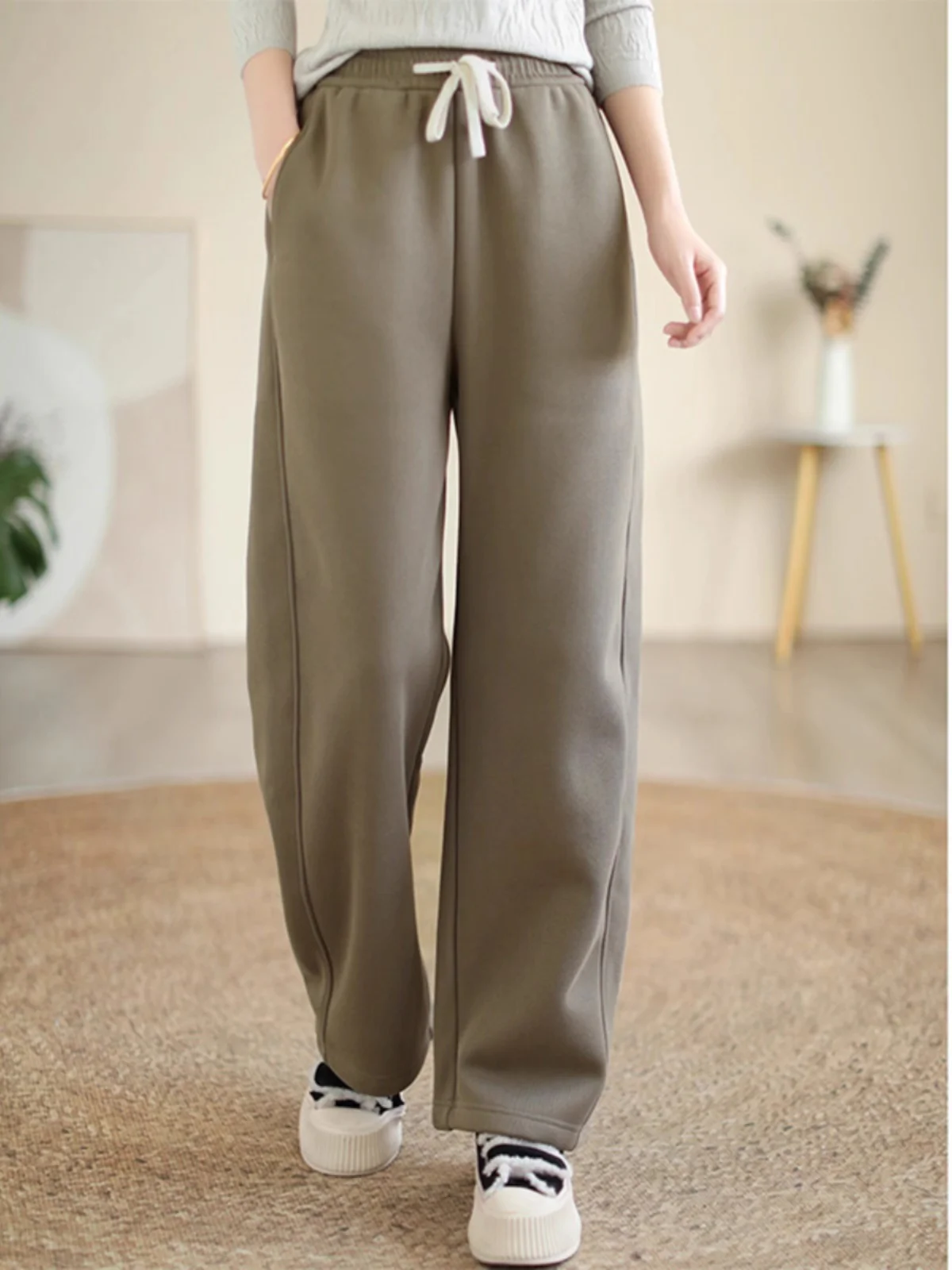 Women's Fce Lined Elastic Waist Wide Leg Pants Winter High Waist Drapey Straight Casual Thiened Warm Trousers