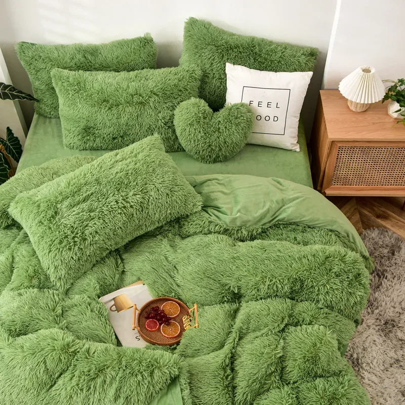 

Long Hair Bedding Set Green Mink Flannle Velvet Fleece Duvet Cover Thicken Warm Home Linen 3/4 Heart Cushion Sheet