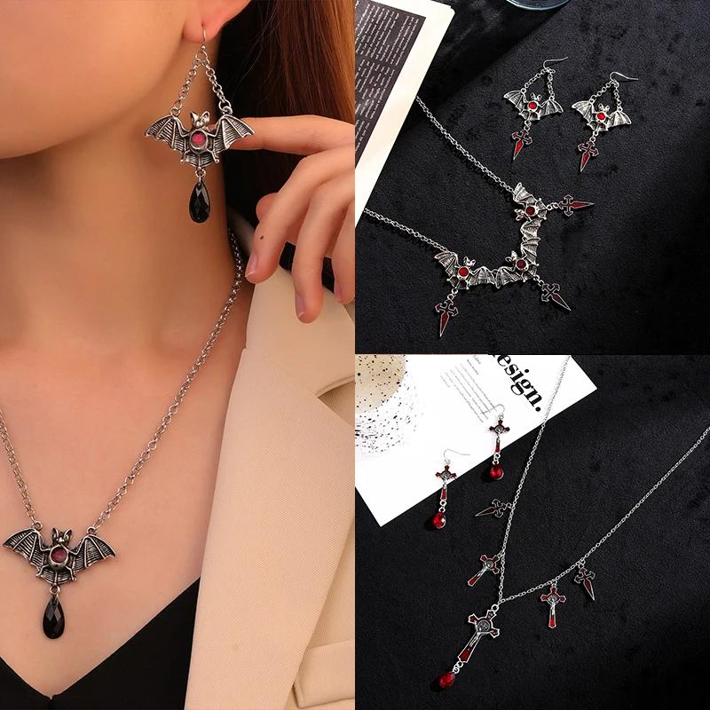 

Halloween Gothic Bat Earrings Cross Pendant Cosplay Anime Mtal Necklace Scary Dressing Up A Set Boys Girls Gifts