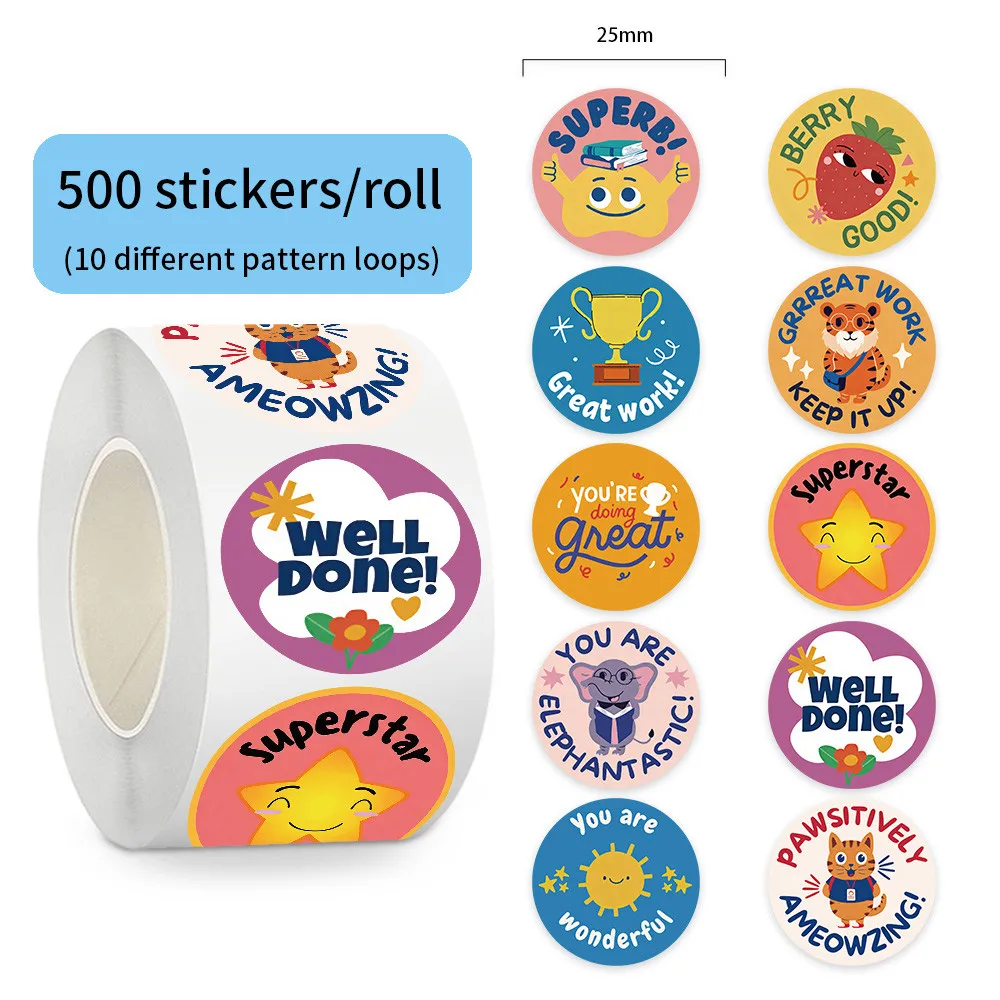 

Kawaii Encouragement Stickers 500pcs Per Roll Cute Animal Motivational Vinyl Decals for Kids Teachers Reward Papery Pop Store