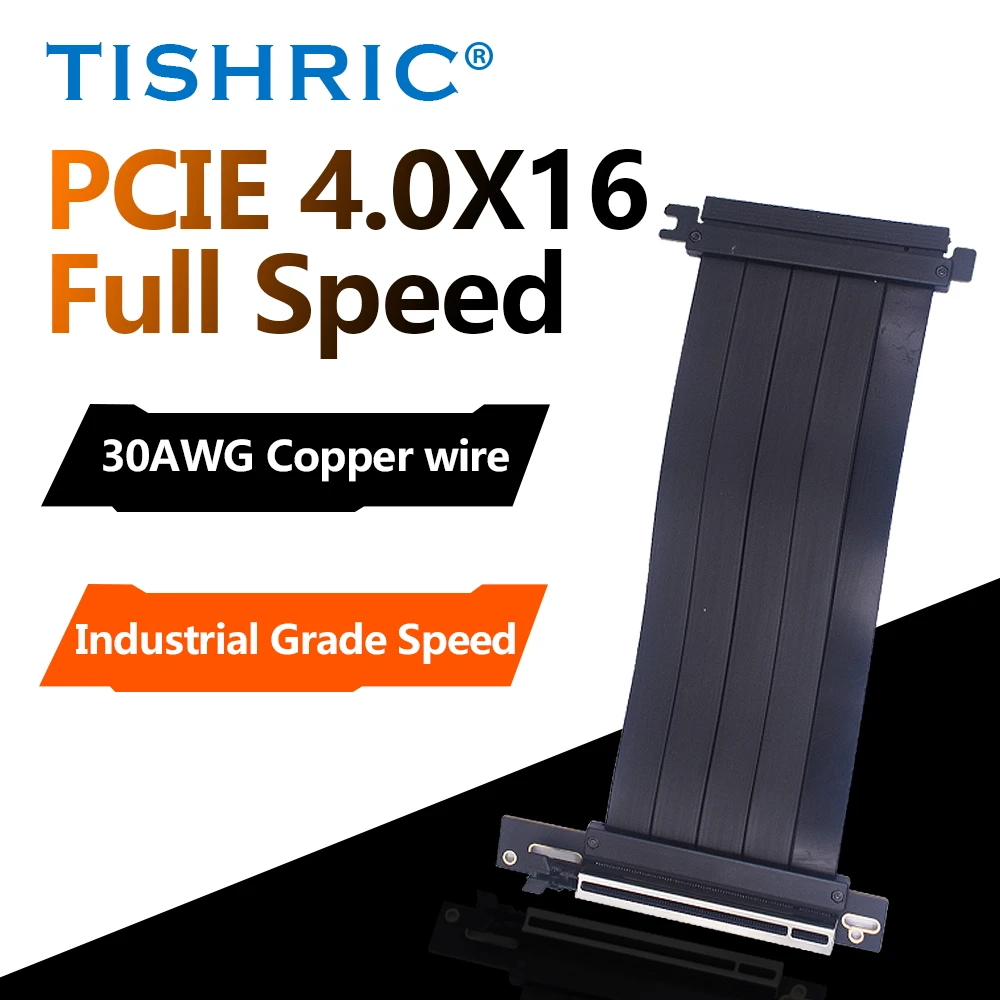 

TISHRIC PCIE 4.0 3.0 X16 Riser Cable 20/30/40/60CM Industrial Shielded High-Speed Flexible 90° Video Graphics Card Extender Cord