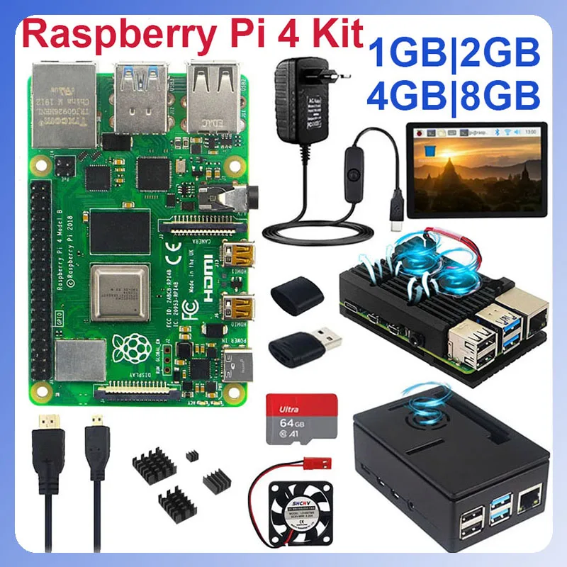 Raspberry Pi 4 Modelo B Caso Ventilador, dissipadores de calor, adaptador de energia, opcional 32 64 GB TF Card, 3.5 "Display para RPI 4, 8G, 4G, 2G, 1 GB RAM