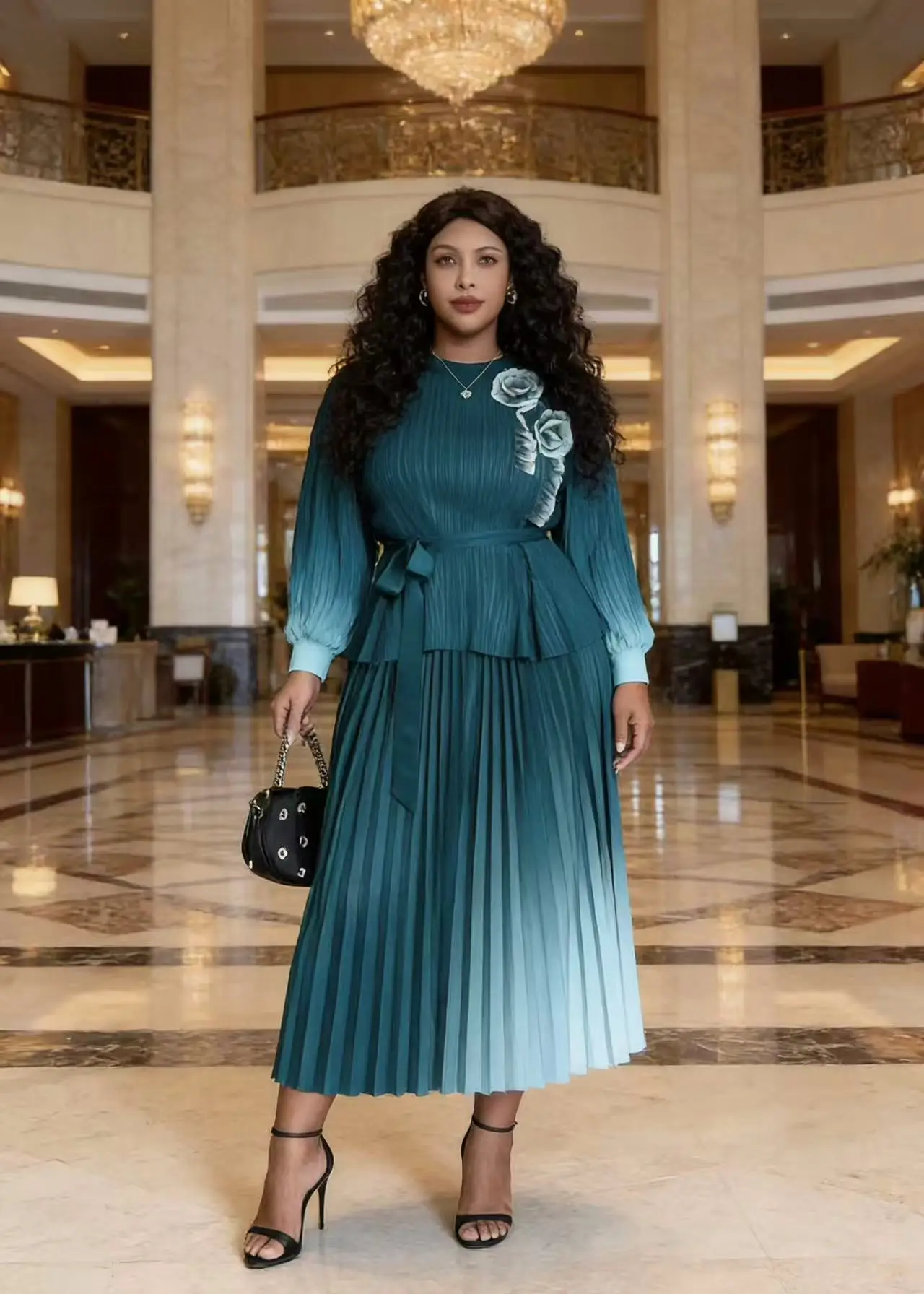 

2026 Spring New Two-piece Set Miyake Pleats Gradual Change Disc Flower Top + Pleated Skirt Fashion Casual Suit