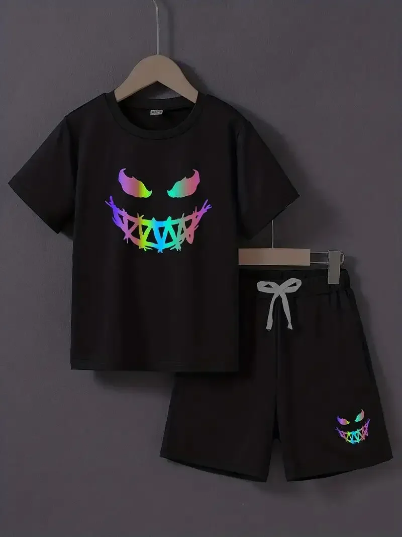 Boy's 2pcs T-shirt & Elastic Waist Shorts Set, Happy Face Print Short Sleeve Top, Casual Outfits, Kids Clothes for Summer