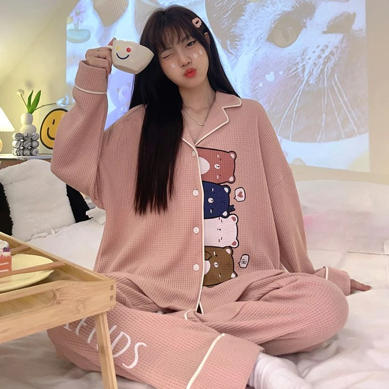 Spring Autumn New Sleepwear Long-Sleeved Knitted Cotton Cute Bear Student Homewear Suit Women Sweet Loose Casual Pajamas Set