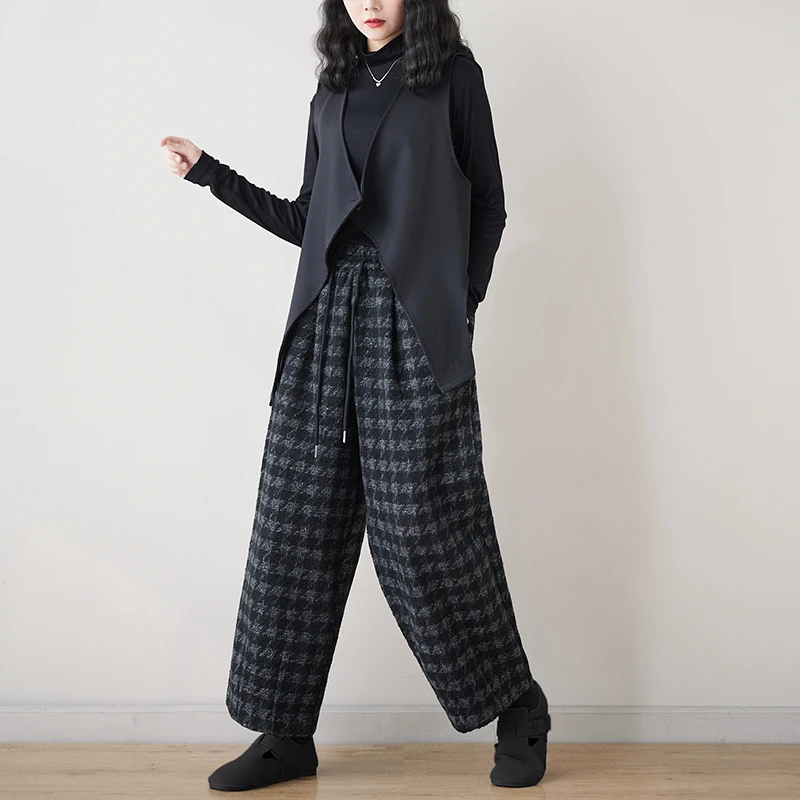 Winter 2024 New Arrival Arts Style Women Ankle-length Pants Casual Loose Elastic Waist Warm Thickened Plaid Print Harem Pants